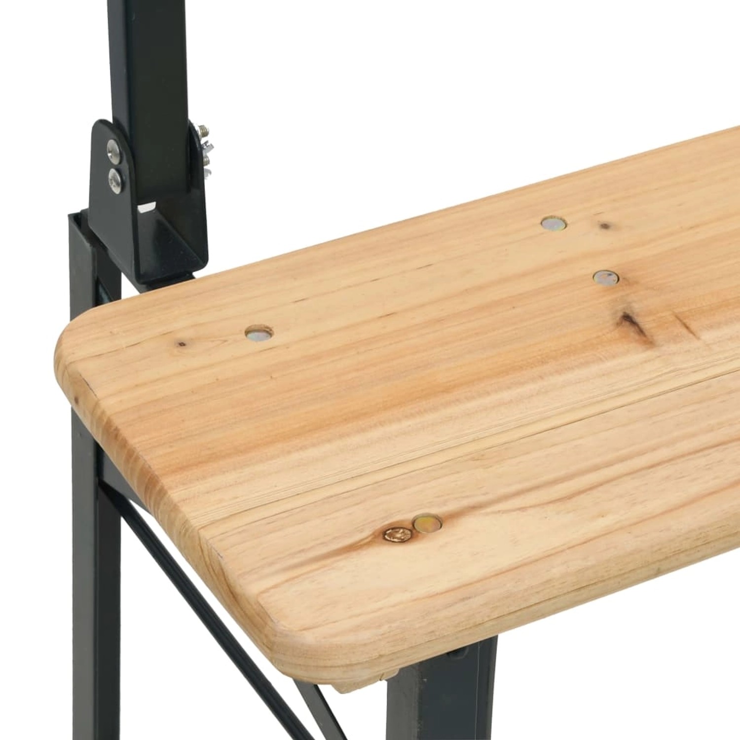 Detailansicht: Klappbares Biertisch-Set aus Tannenholz mit Metallgestell. Gartenmöbel für Picknick und Grill.