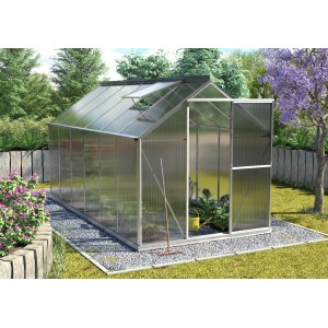 Vitavia Gewächshaus Triton 7500 mit Alu-Rahmen, geöffneter Tür und Zubehör im Garten.