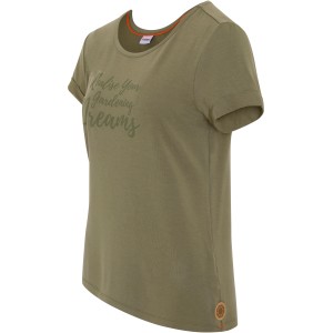 Gardena Damen-T-Shirt in Olivgrün mit "Realise Your Gardening Dreams" Schriftzug.