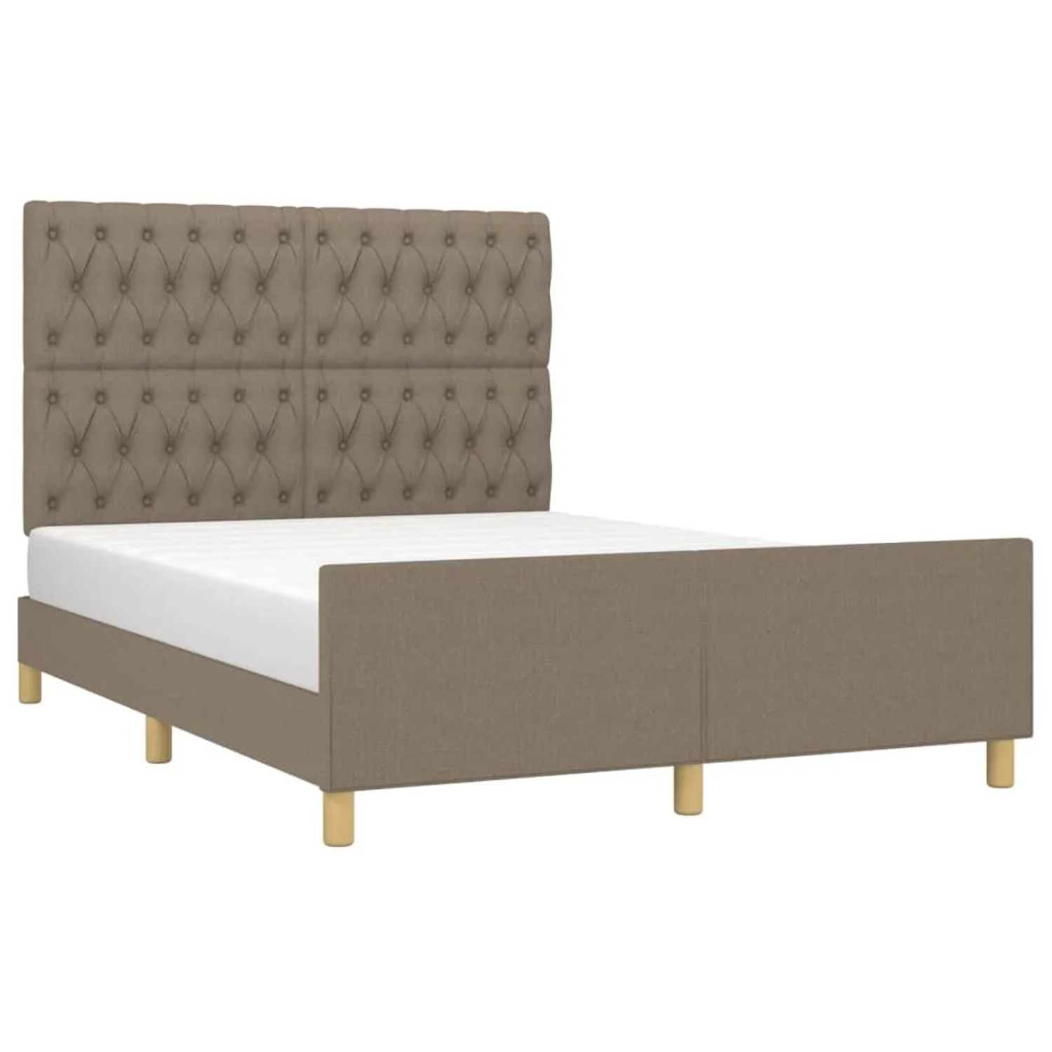 Taupefarbenes Stoff-Bettgestell mit gestepptem Kopfteil, 140x190 cm, für Schlafzimmer.