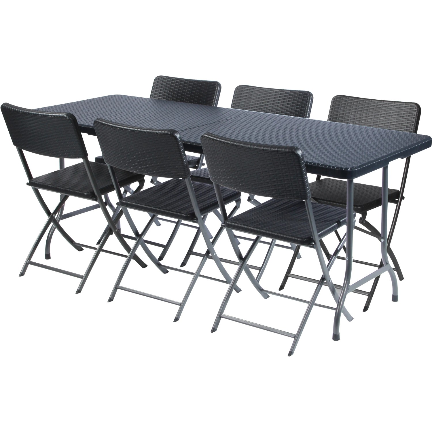Schwarzer, rechteckiger Perel Klapptisch (75x180 cm) mit 6 Stühlen für den Garten.