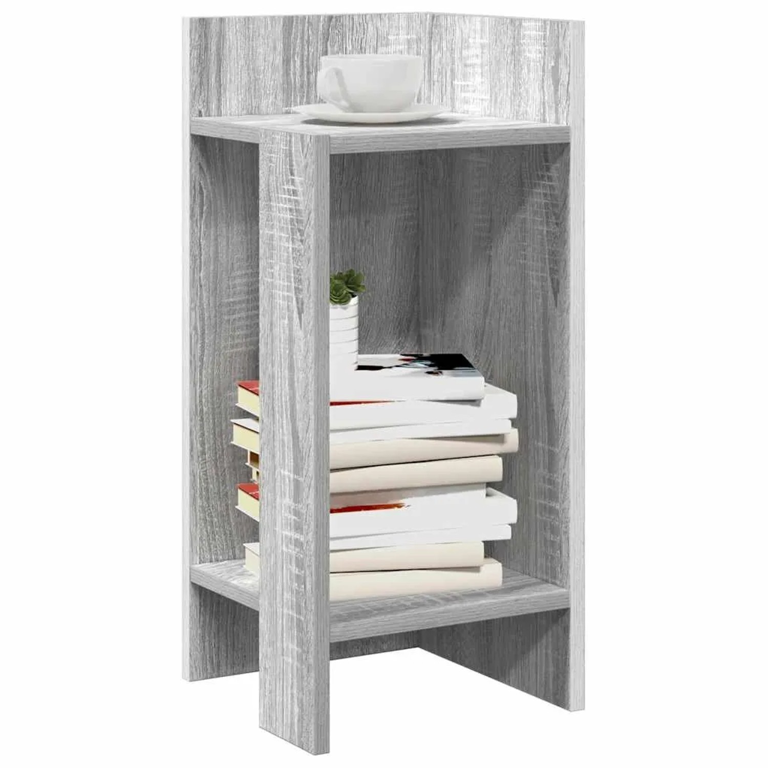Grauer Sonoma Beistelltisch aus Holzwerkstoff mit 2 Ablagen. Modernes Design, ideal für Bücher und Deko.