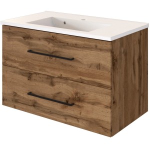 Held Möbel Einzelwaschtisch Rom, 80 cm, Eiche Natur Matt, mit Softclose. Waschbeckenunterschrank mit zwei Schubladen.