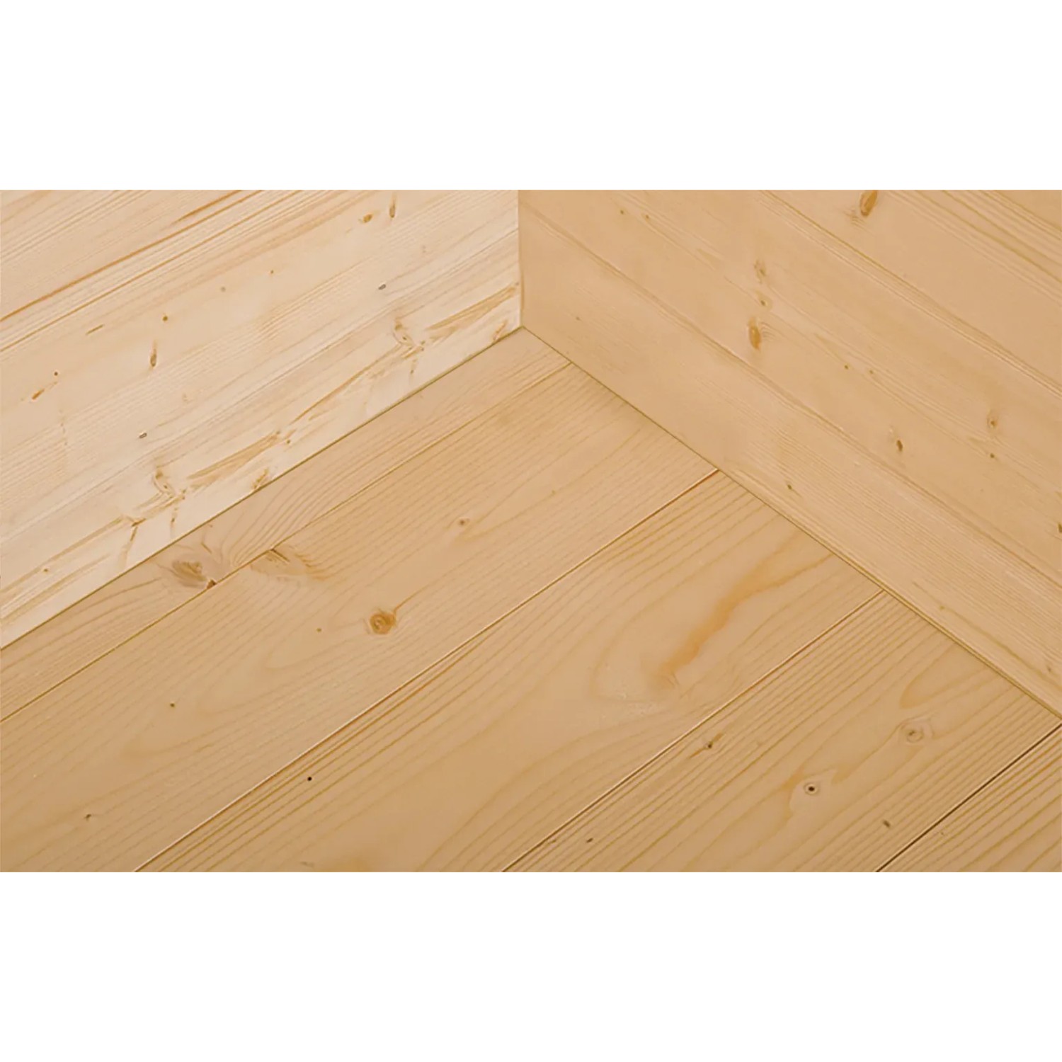 Detailansicht des naturbelassenen Holzbodens und der Wandbohlen im weka Gartenhaus 122.