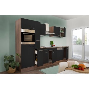 Respekta Küchenzeile KB310EYS, 310 cm, Schwarz Seidenglanz/Eiche York Nachbildung, mit E-Geräten.