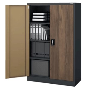 DELUKE Aktenschrank KADO, abschließbar, anthrazit-nussbaum, mit geöffneter Tür und Ordnern.
