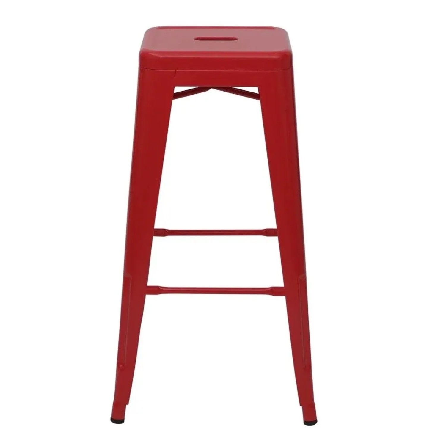 Roter Metall Barhocker A73 mit Fußstütze und Trageöffnung, stapelbar. Modernes Industriedesign.