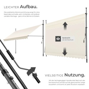 Tectake Klemmmarkise  Mit Handkurbel Uv Beständig 350 x 180 cm 180 x 350 x 304 cm Beige