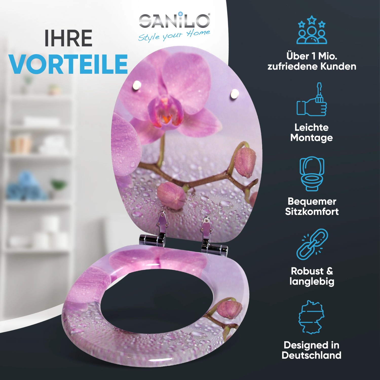 Sanilo WC-Sitz Blooming mit Absenkautomatik, Holz, mit Orchideen-Motiv.