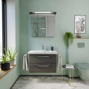 Pelipal Trentino Badmöbel-Set, 80 cm, Graphit: Waschtisch, Unterschrank, Spiegelschrank mit LED.