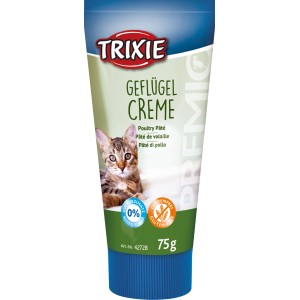 Trixie Katzensnack Premio Geflügelcreme, 75g Tube mit Katzenmotiv.