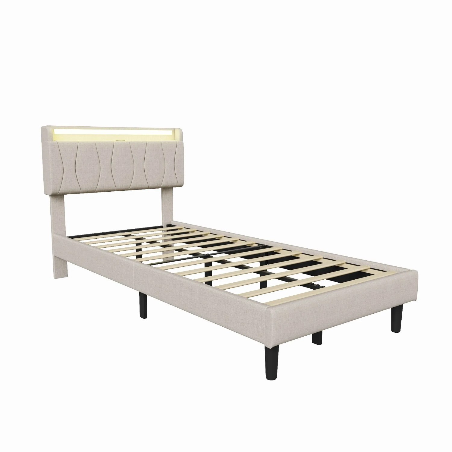PXloue Polsterbett LED Jugendbett mit USB-Anschluss 90x200cm Beige