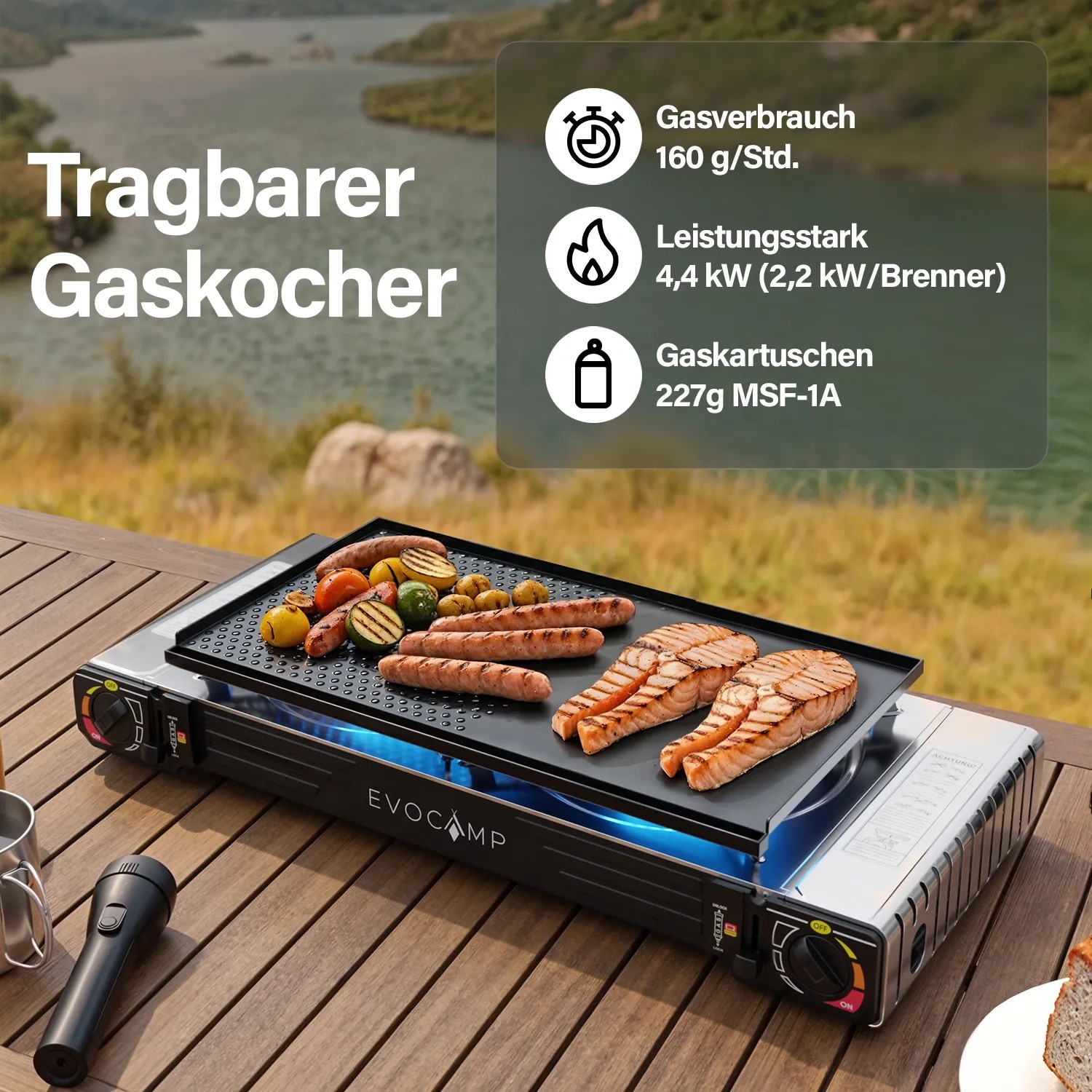 Evocamp Camping Gaskocher 2-flammig mit Grillaufsatz und Speisen auf einem Holztisch im Freien.