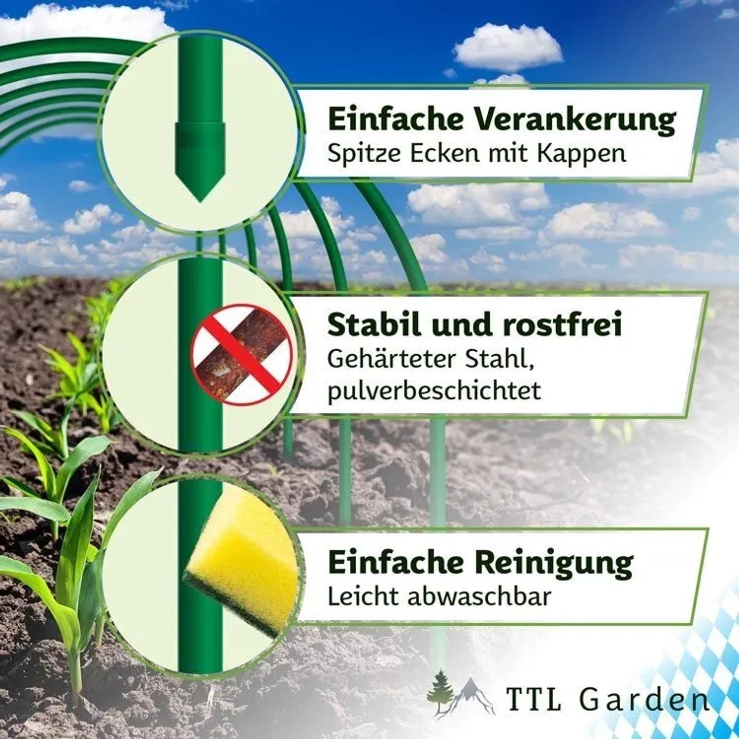 Detailaufnahme Pflanztunnel Bögen 6er Set, Metall beschichtet, für Beet, Frühbeet oder Gewächshaus.