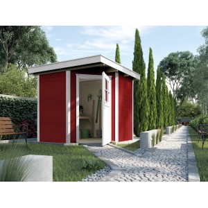 Weka Holz-Gartenhaus Angolo A, Flachdach, schwedenrot, 209x205 cm, mit geöffneter Tür in Gartenumgebung.