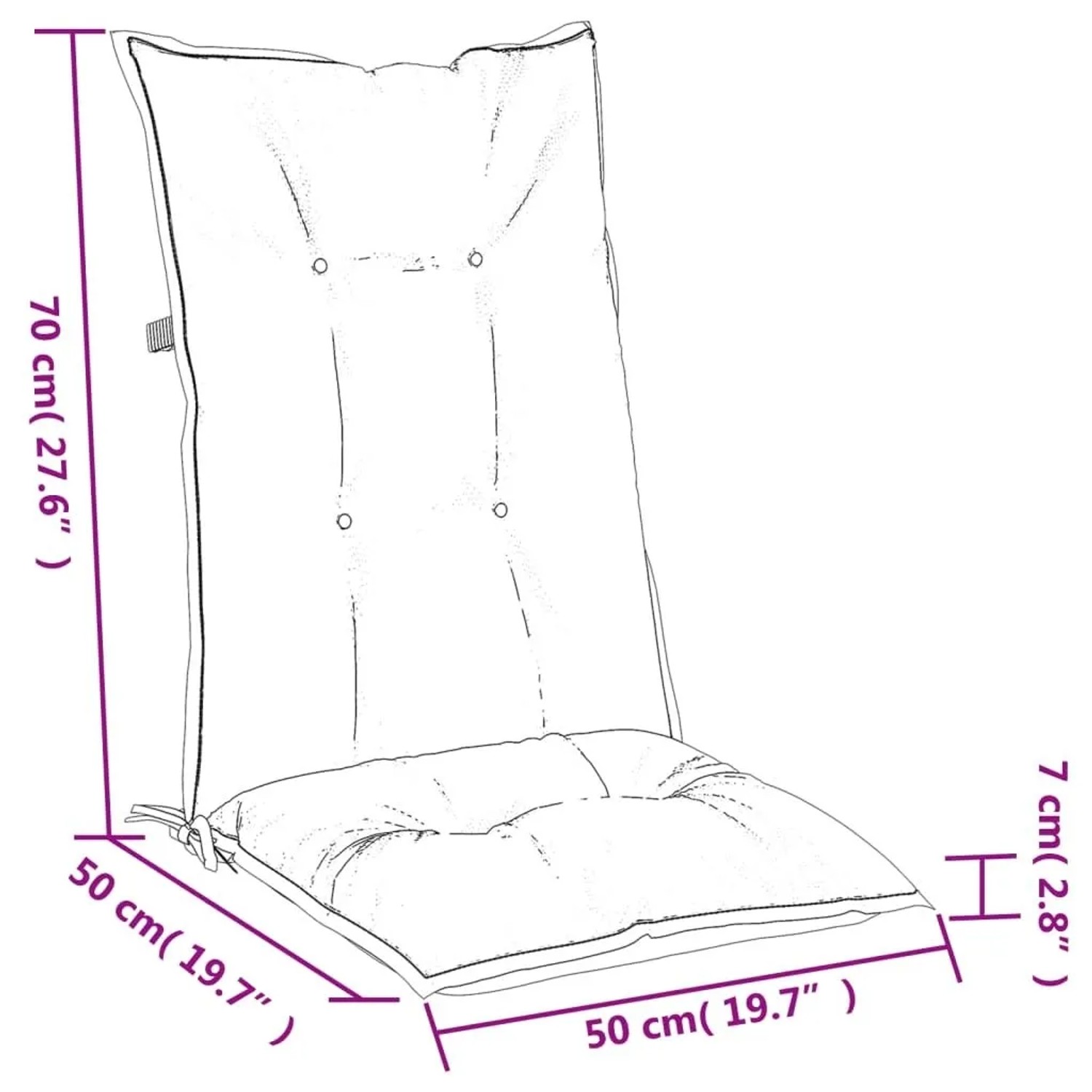 Technische Skizze einer Hochlehner-Auflage mit Maßen: 70 cm Rücken, 50x50 cm Sitzfläche, 7 cm Dicke.