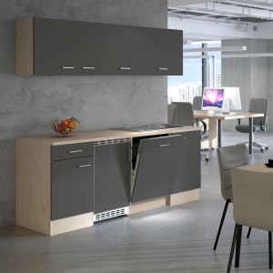 Flex-Well Büroküche Morena, 210 cm, basaltgrau/San Remo Eiche, mit Geschirrspüler und Spüle.