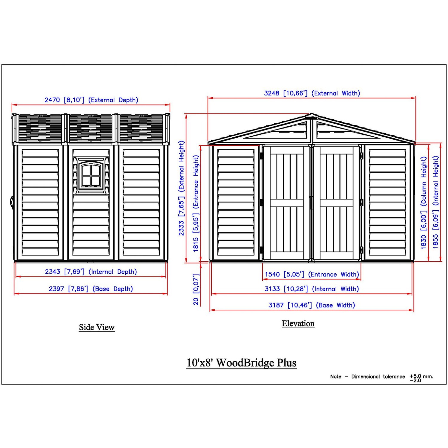 Technische Zeichnung Duramax Kunststoff-Gartenhaus WoodBridge Plus 7,6 m² mit Maßen.