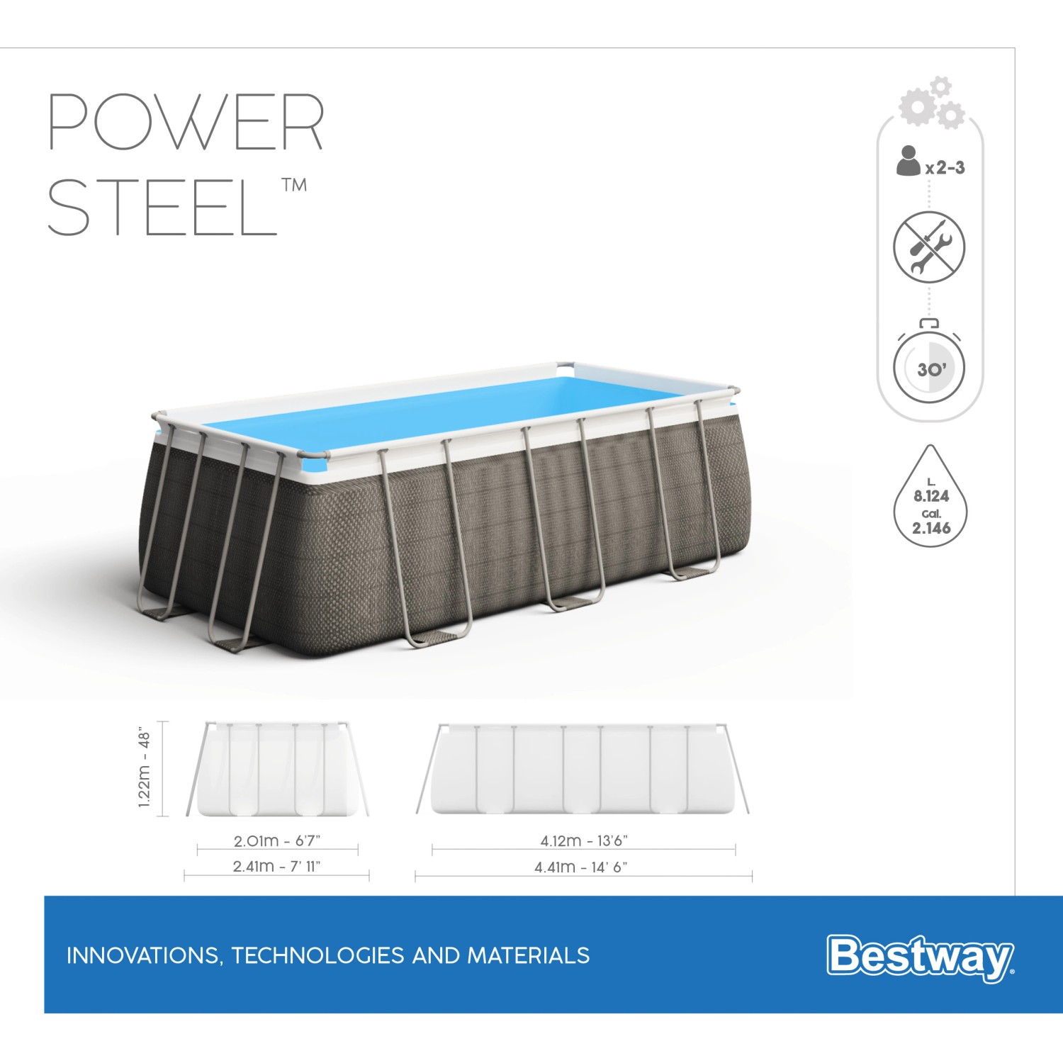 Bestway Frame Pool-Set Power Steel in Rattan-Optik, eckig, mit Stahlrahmen und blauer Innenfolie.