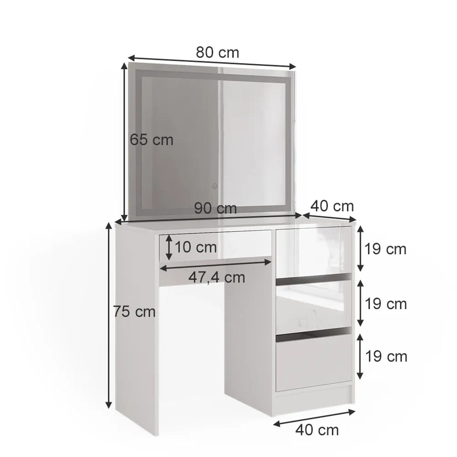 Vicco Schminktisch Sherry, weiß hochglanz, 90 cm breit, mit LED-Spiegel und Schubladen.