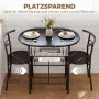 Schwarzes HOMCOM Essgruppen-Set aus MDF und Metall mit Marmor-Optik Tischplatte und 2 Stühlen. Platzsparend mit Ablagefach.