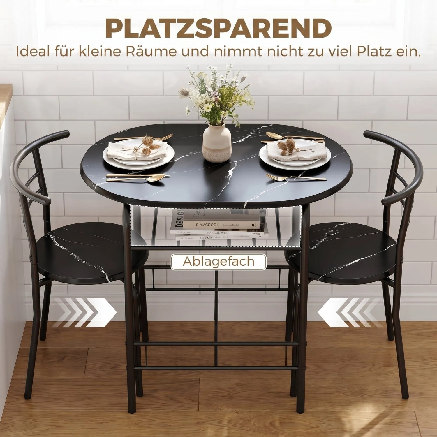 Schwarzes HOMCOM Essgruppen-Set aus MDF und Metall mit Marmor-Optik Tischplatte und 2 Stühlen. Platzsparend mit Ablagefach.