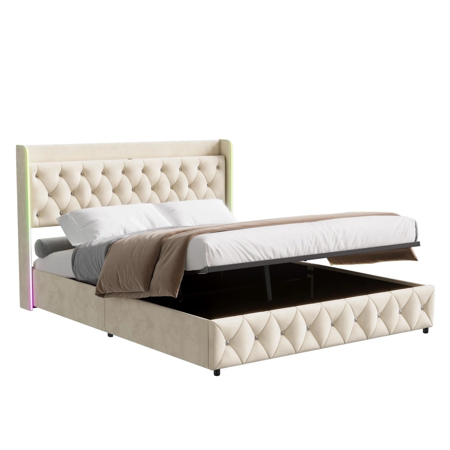 PXloue Bettgestell Polsterbett Beige mit LED-Beleuchtung und Stauraum 160x200cm