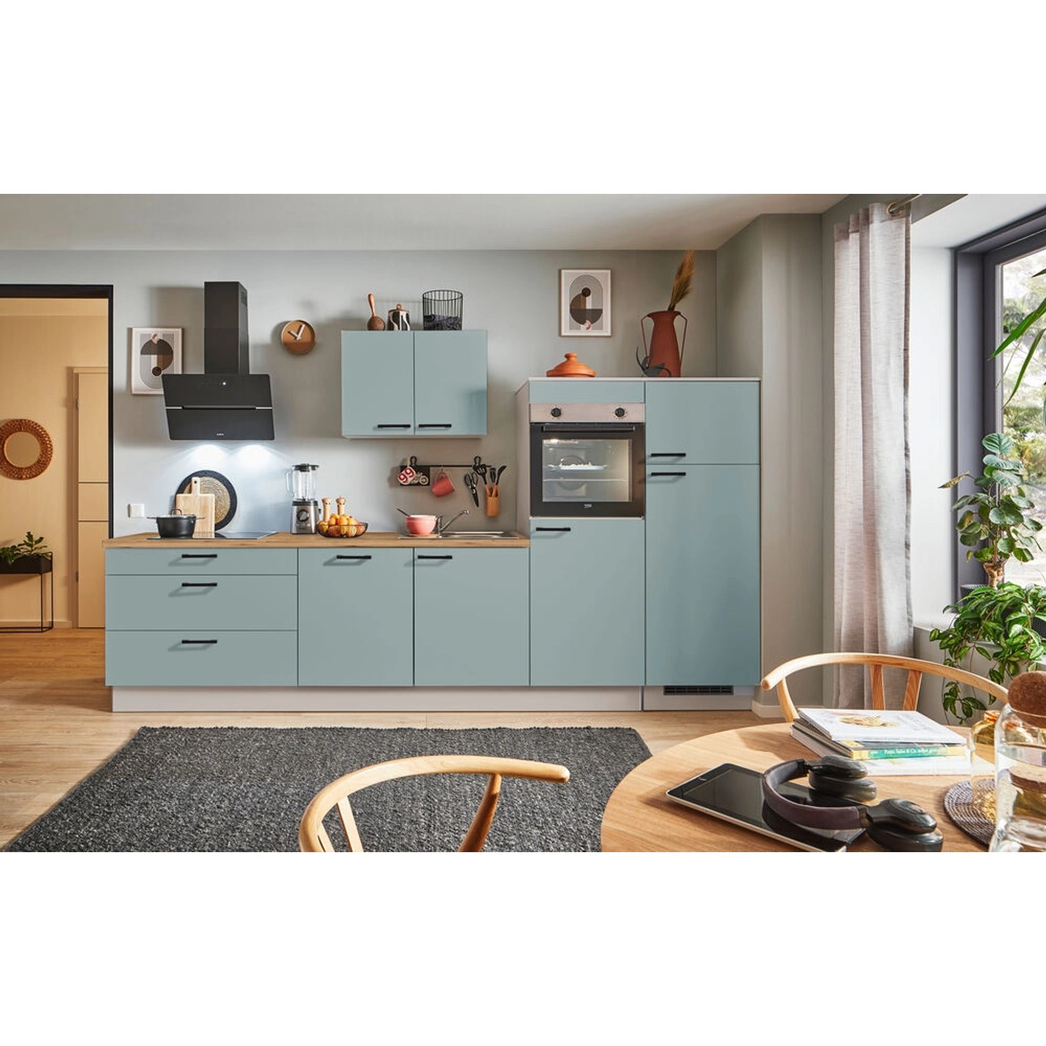 pino Küchenzeile 340 cm Fjordgrün Anschlag rechts 2 Geräteschränke