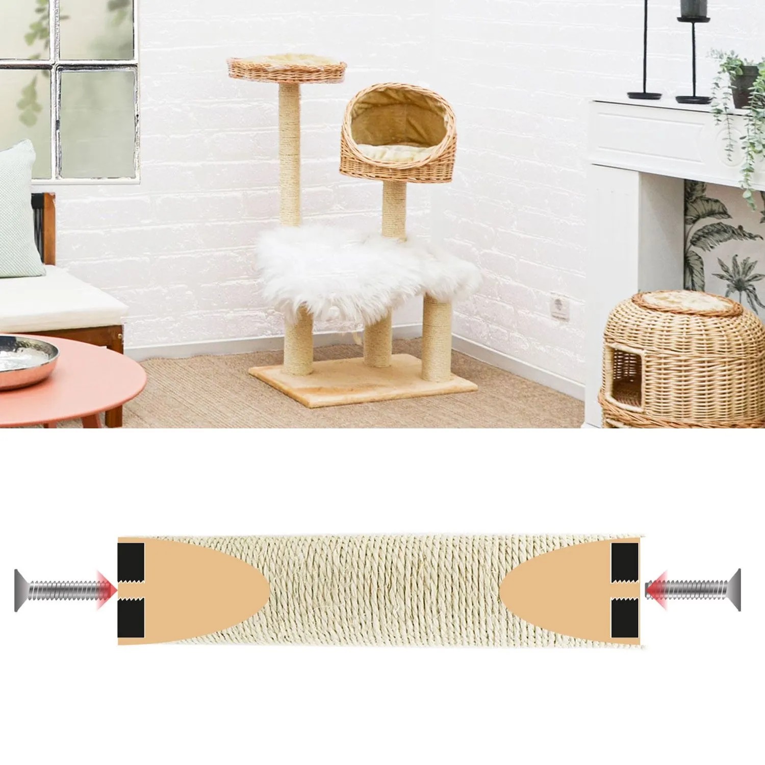 Sisal Ersatzstamm für Katzen-Kratzbaum, 35 cm, Ø 9,2 cm. Natursisal mit M8 Gewinde für einfache Montage.