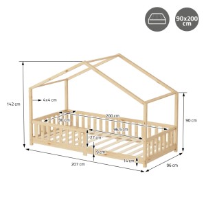 ML-Design Hausbett 90x200 cm aus Kiefernholz, Natur, mit Rausfallschutz, Maße