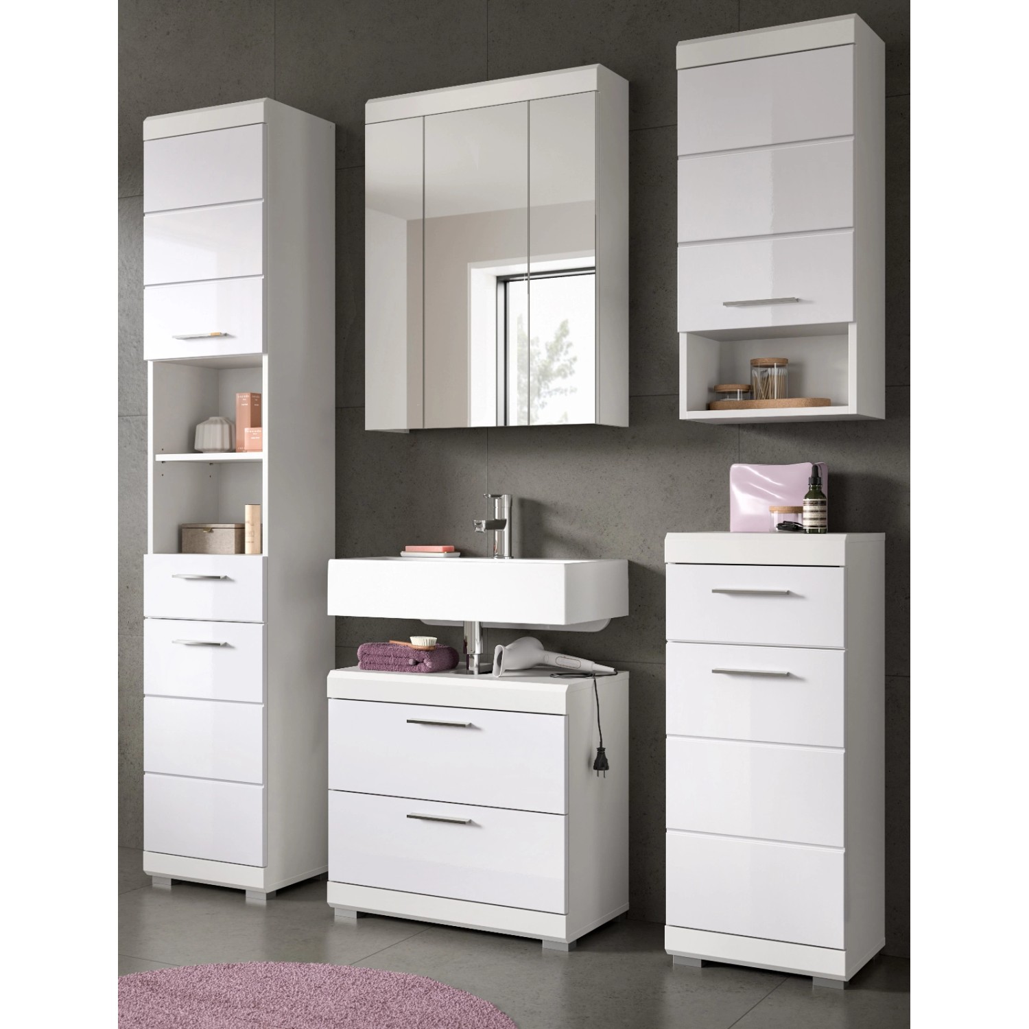 Inn.Furn Badmöbel Set in Weiß Hochglanz 5-teilig 164 cm Shawn günstig online kaufen