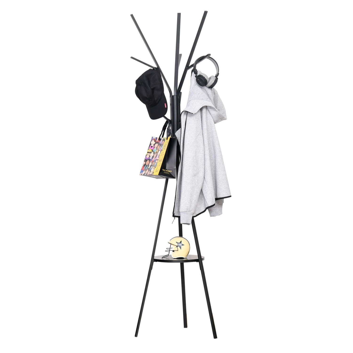 HOMCOM Garderobenständer mit 8 Haken & Ablage Metall Schwarz 45 x 45 x 180 cm
