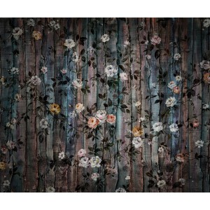 Komar Fototapete Grande Giardino mit Rosenmuster auf Holzoptik, 300x250 cm.
