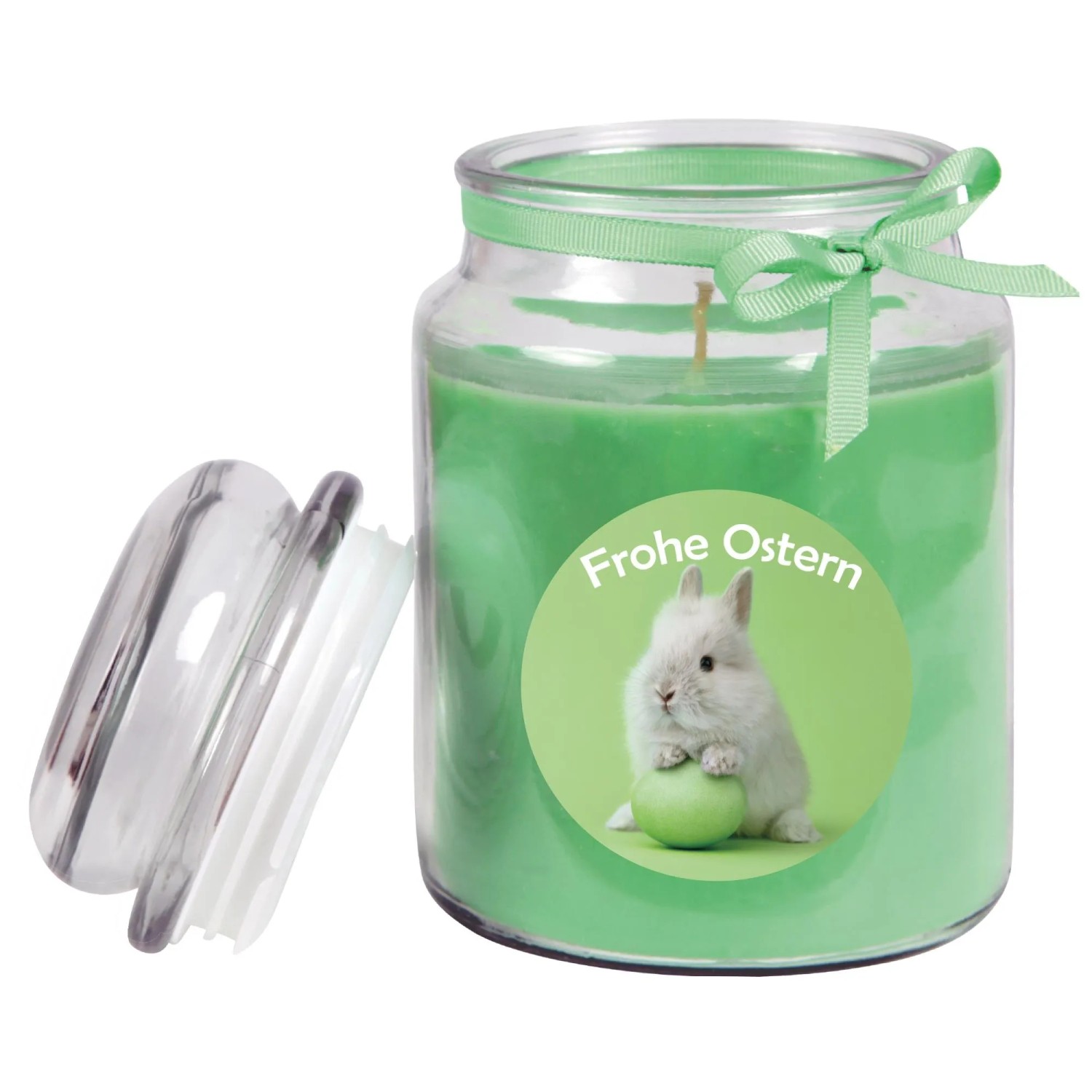 Grüne OBI Duftkerze im Glas mit Osterhase und Ei, 110h Brenndauer.