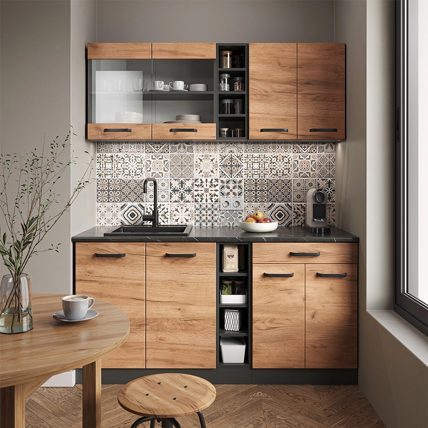 Vicco Singleküche R-Line in Goldkraft Eiche/Anthrazit, 160 cm Küchenzeile mit Arbeitsplatte in Anthrazit Optik.