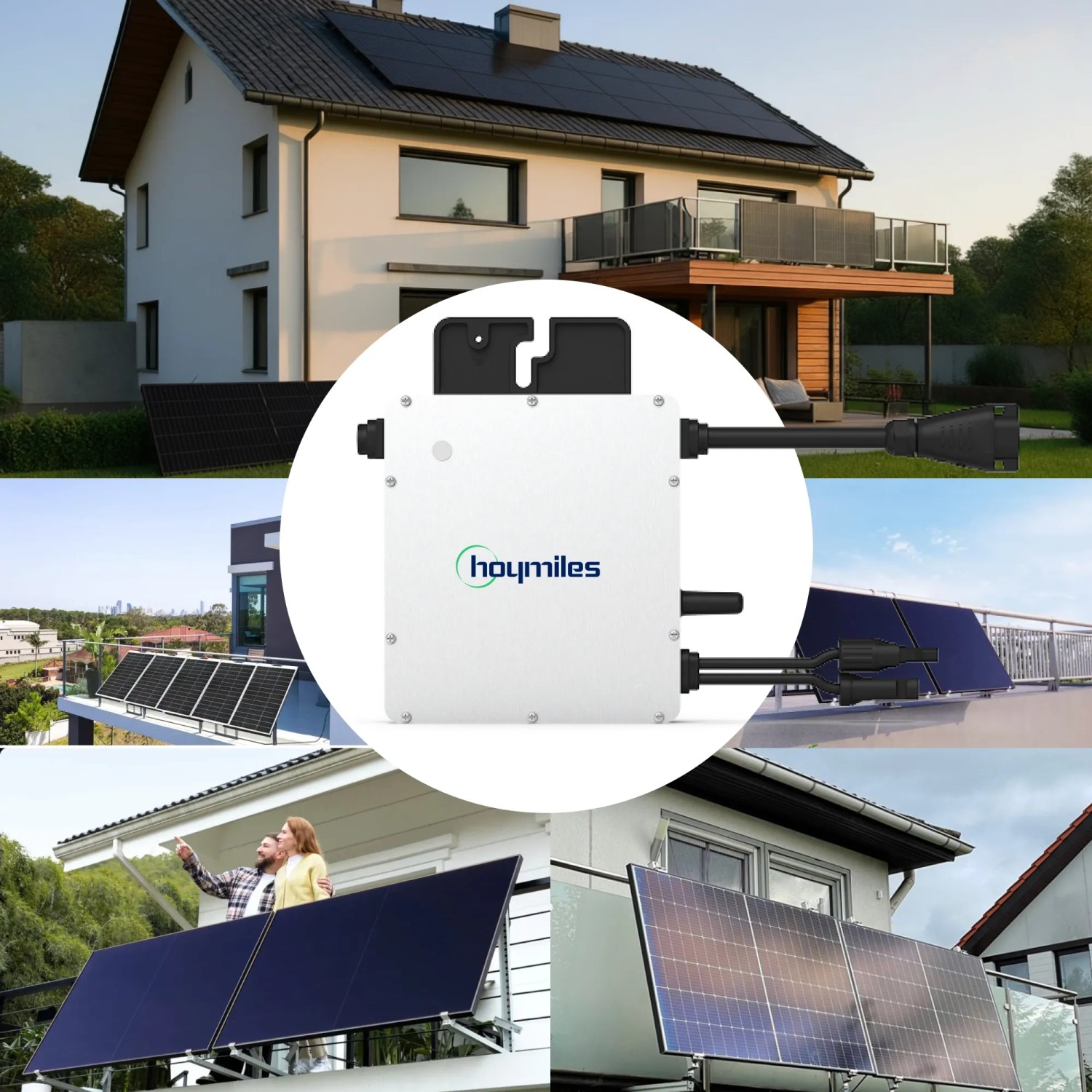 SUNNIVA Balkonkraftwerk 460W mit Hoymiles Wechselrichter und Fullblack Solarmodulen in verschiedenen Anwendungsszenarien.