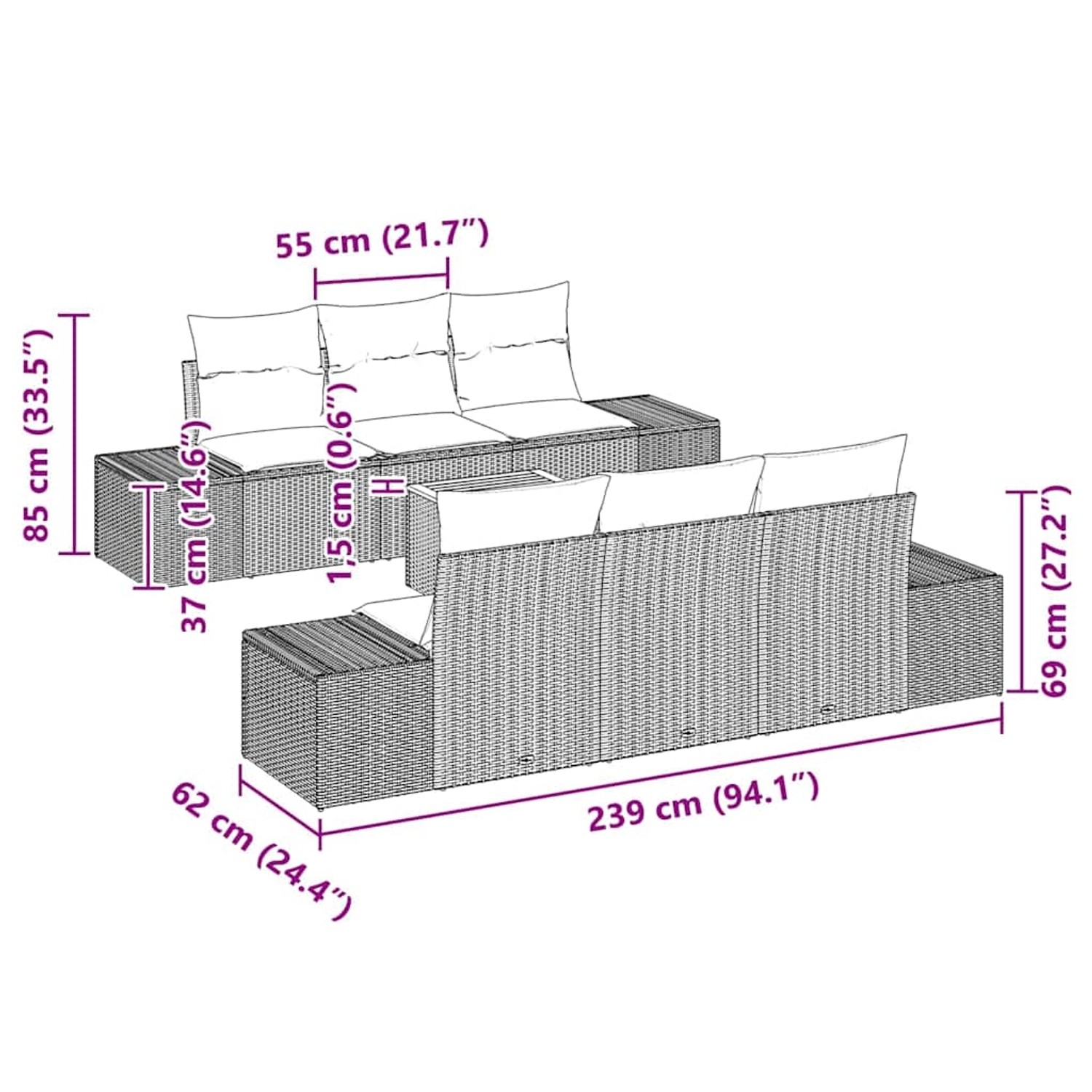 vidaXL Garten-Sofa-Set, 7-teilig, beige/weiß, mit Maßen. Gartenmöbel für Terrasse und Garten.