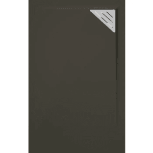 Schwarze, extra flache Mirlo Mineralguss Duschwanne 70x100cm mit Chrom Ablauf links.