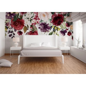 Fototapete mit Blumenmuster in Rot, Rosa, Lila und Weiß auf Steinwand-Optik im Schlafzimmer.