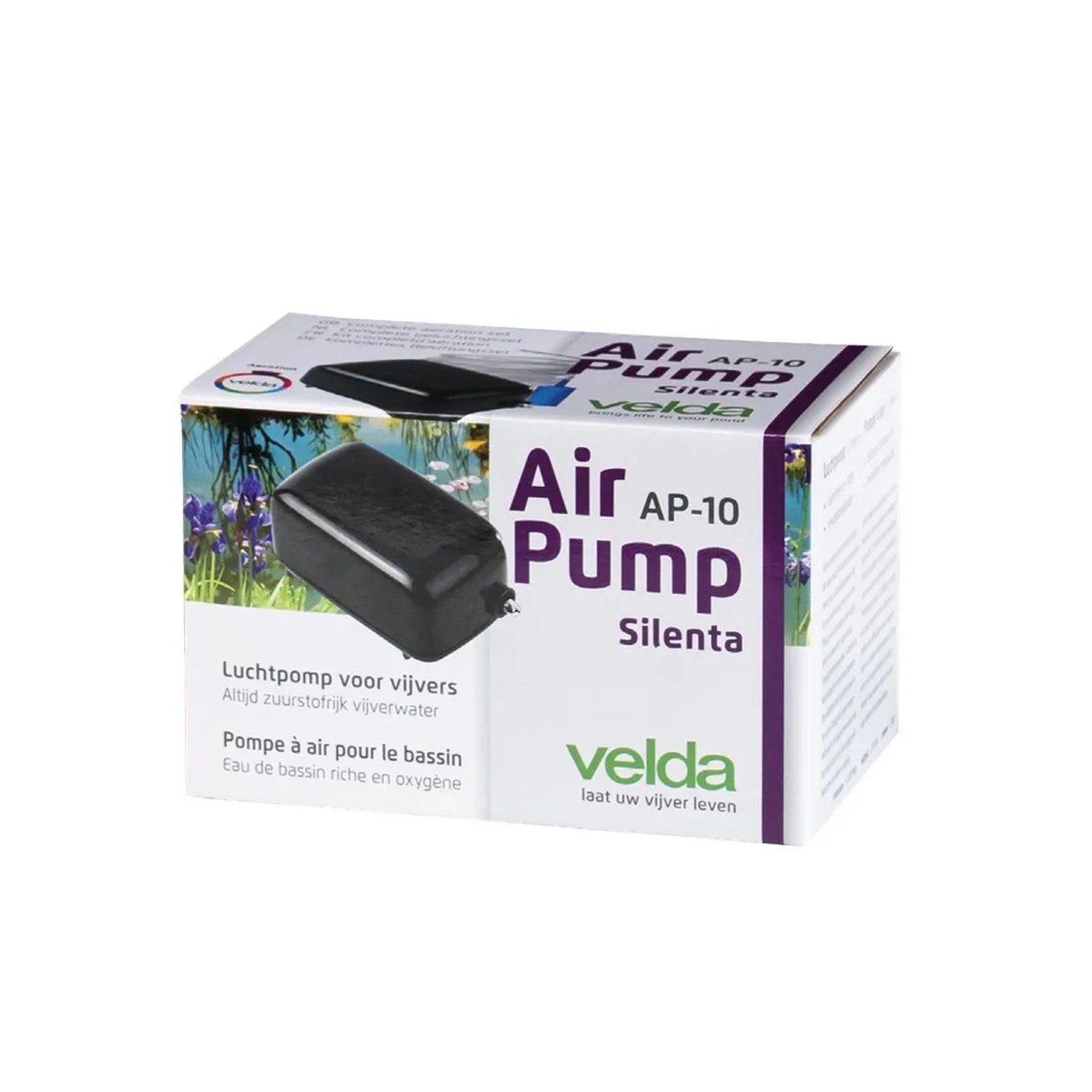 Velda Silenta AP-10 Belüftungset für Teiche. Weiße Verpackung mit schwarzer Luftpumpe und Teichmotiv. Teichpumpe.