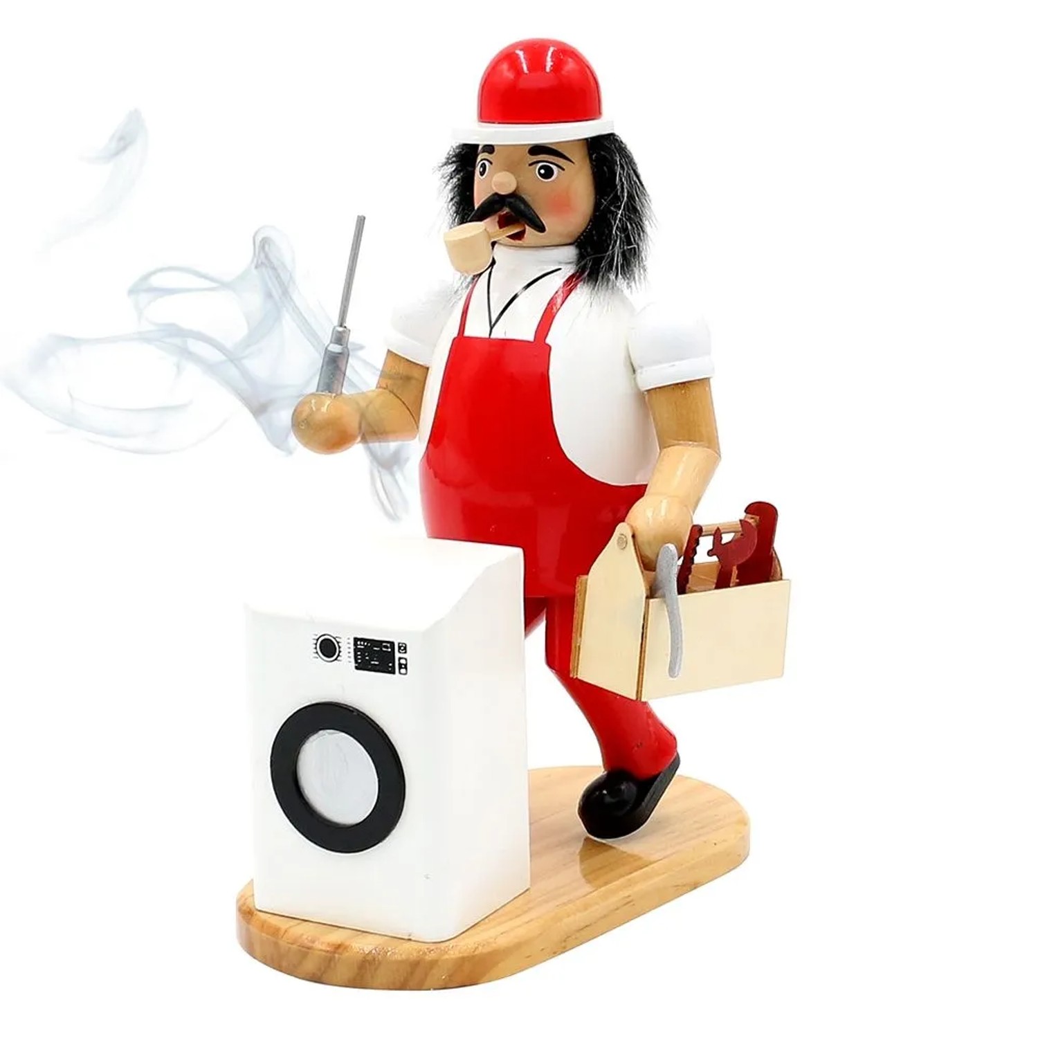 Dekohelden24 Räuchermann Waschmaschinenmonteur mit Waschmaschine Räucherfigur Weihnachtsräucherfigur Räuchergefäß Holz L/B/H 15 x 11 x 20 cm_4