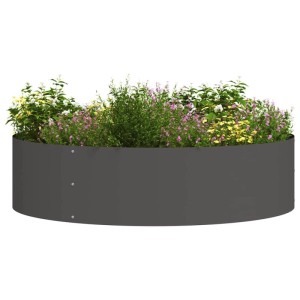 Schwarzer, runder vidaXL Pflanzenring aus Stahl, 80x80x20 cm, bepflanzt mit Blumen.