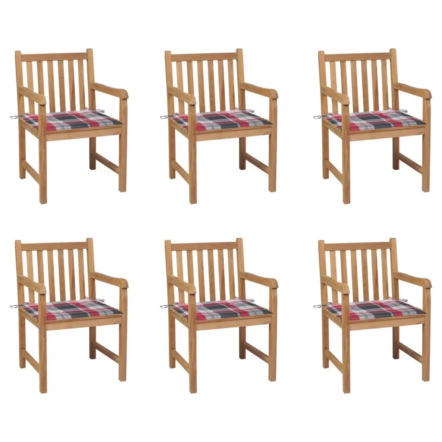 vidaXL Gartenstühle 6 Stk Rote Karomuster-Kissen Massivholz Teak 3073044