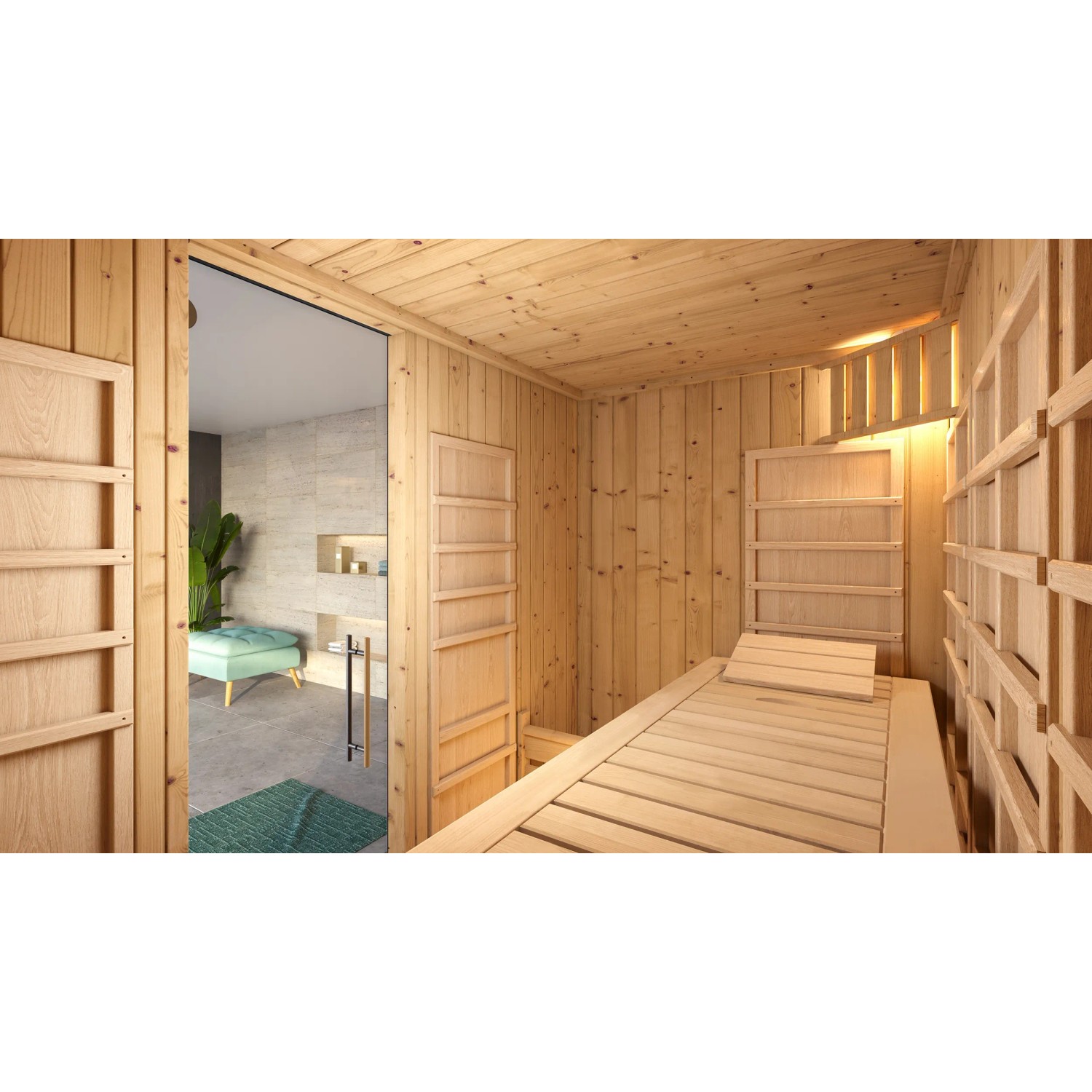 Weka Infrarotsauna Uppsala mit Liege, Flächenstrahler und Glasfront. Saunaofen für finnische Sauna oder Dampfbad.