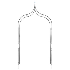 Dunkelgrüner Rosenbogen mit Zierspitzen für Kletterpflanzen im Garten.