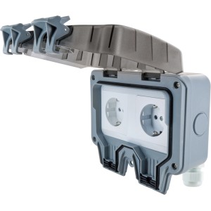 Schwaiger Aufputz-Außensteckdose, 2-fach, hellgrau, IP66, mit geöffnetem Deckel.