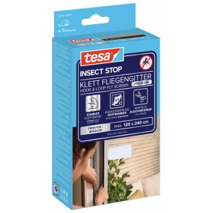 Verpackung des tesa® Insect Stop Klett Fliegengitters Premium für Fenster in Weiß, max. 120x240cm.