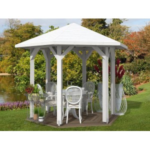 Weißer Skan Holz Pavillon Nancy 1, 360x312 cm, aus Leimholz. Gartenlaube mit Holzdach im Garten.