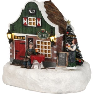 Beleuchtetes Wirtshaus als Weihnachtsdeko mit Figuren, 17,5x16,5x17,5 cm.