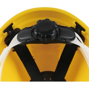 Innenansicht: Gelber LUX Bauhelm mit 6-Punkt-Aufhängung und Verstellrad.